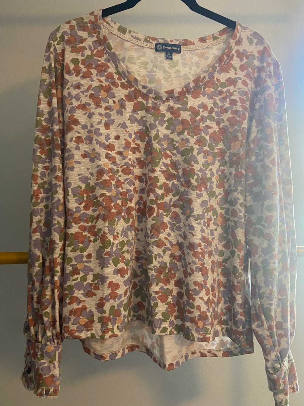 Democracy Floral Long Sleeve V-Neck Top in White, Green, Purple and Rust